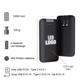 10000 mAh Işıklı Kendinden Kablolu Powerbank