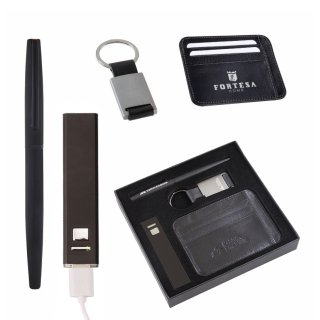 Hediyelik Set Powerbank, Metal Tükenmez Kalem, Metal Anahtarlık - Deri Kartlık